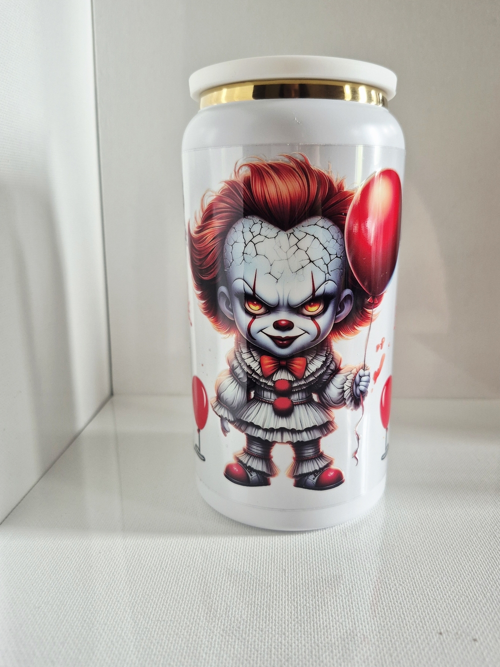 Spooky Clown Horror Movie IT White Gold Steel 16oz Can Drink Tumbler Lid Straw
